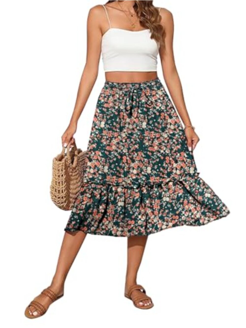 Boho Floral Midi Skirt High Waisted with Pockets A-Line